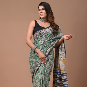 Hand Block Printed Cotton Saree with Contrast Pallu