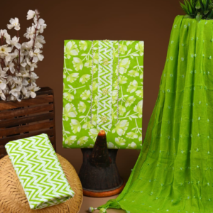 Lime Green Cotton Suit Set with Printed Kurti & Embellished Dupatta