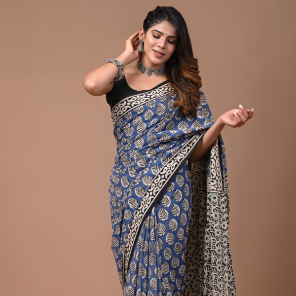 Indigo Blue Hand Block Printed Cotton Saree