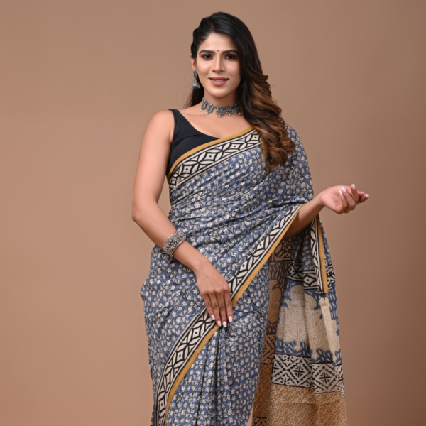 Dusky Blue & Beige Block Printed Cotton Saree