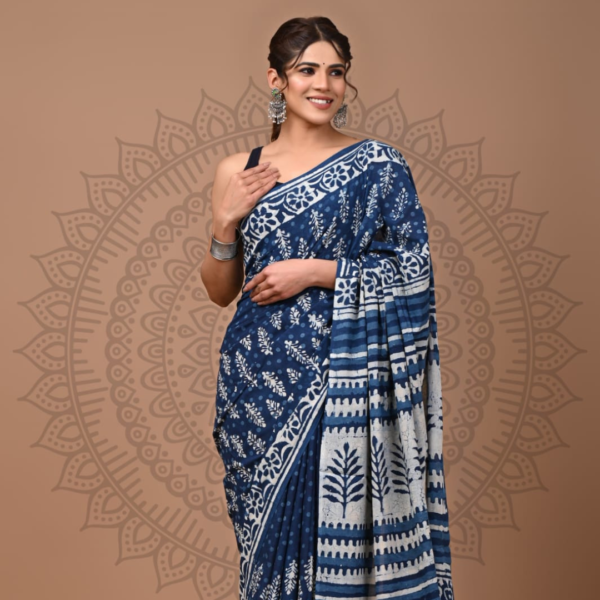 Indigo Blue Hand Block Cotton Saree