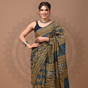 Mustard & Blue Tribal Block Print Cotton Saree