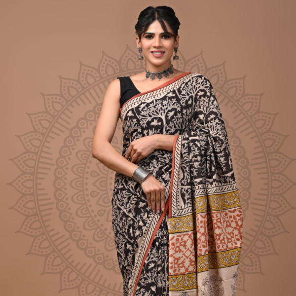Black & Rust Multicolor Panel Cotton Saree