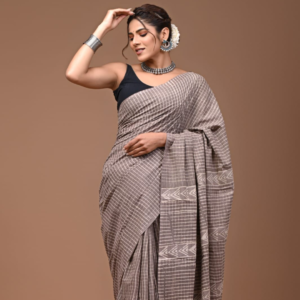 Ash Grey Handwoven Cotton Saree with Geometric Checks