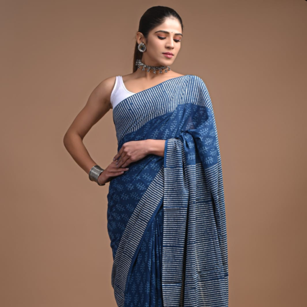 Indigo Blue Handblock Cotton Saree with Stripe Pallu