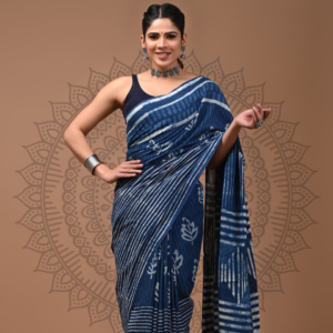 Handblock Cotton Saree with Stripes & Nature Motifs