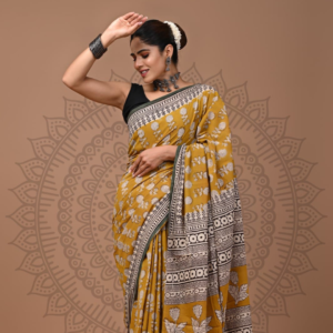 Handblock Cotton Saree with Floral and Tribal Borders