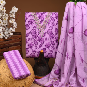 Lavender Floral Cotton Suit Set with Hand-Embroidered Kurti & Printed Dupatta