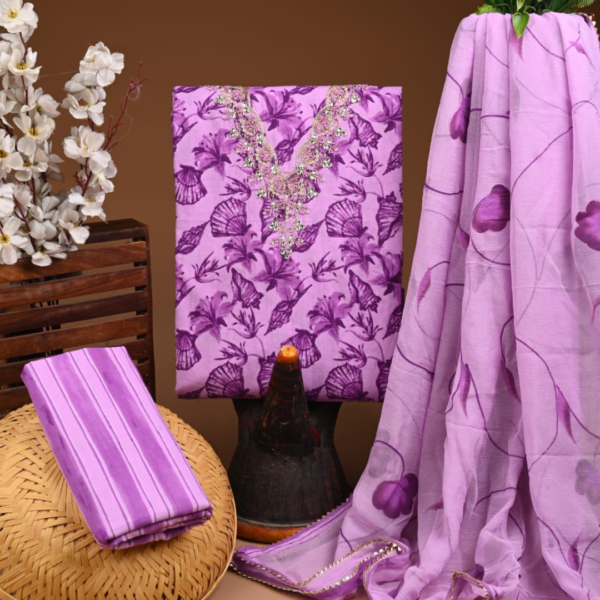 Lavender Floral Cotton Suit Set with Hand-Embroidered Kurti & Printed Dupatta