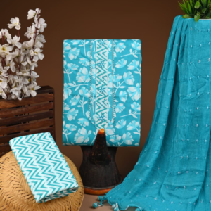 Aqua Blue Cotton Suit Set with Embroidered Kurti & Textured Dupatta