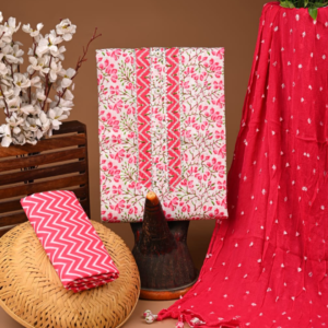 Red & White Floral Cotton Suit Set with Embroidered Kurti and Dupatta