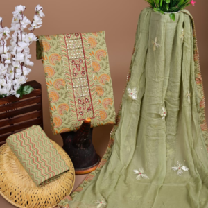 Elegant Olive Green Cotton Suit Set with Hand-Embroidered Kurti and Organza Dupatta