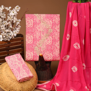 Festive Pink Cotton Suit Set with Floral Embroidery and Bandhej Dupatta