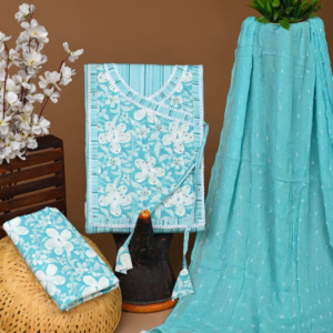 Soothing Sky Blue Cotton Suit Set with Floral Embroidery & Tassel Dupatta