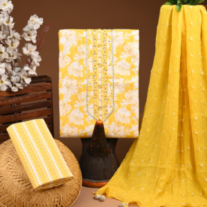 Sunny Yellow Floral Cotton Suit Set with Mirror Work & Embroidered Neckline