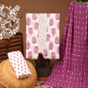 Elegant Cream & Magenta Printed Cotton Suit Set with Embellished Neckline
