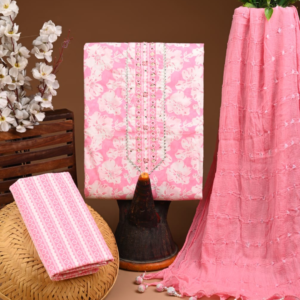 Graceful Baby Pink Floral Cotton Suit Set with Mirror Work Detailing