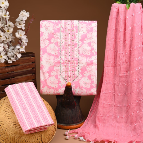 Graceful Baby Pink Floral Cotton Suit Set with Mirror Work Detailing