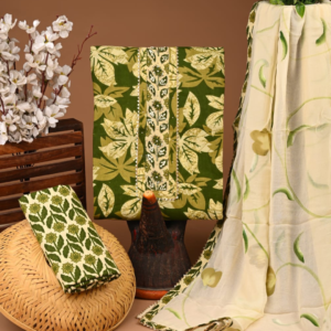 Olive Green Leaf Print Cotton Suit Set with Embroidered Neckline & Digital Print Dupatta