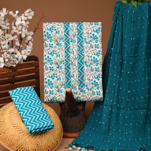 Teal & White Floral Cotton Suit Set with Chevron Bottom and Textured Dupatta