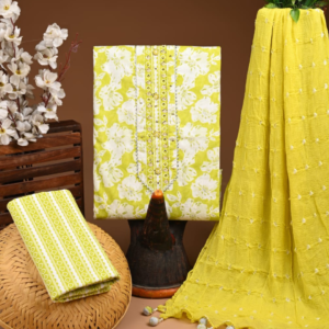 Lemon Yellow Floral Cotton Suit Set with Embroidered Neck and Crinkled Dupatta
