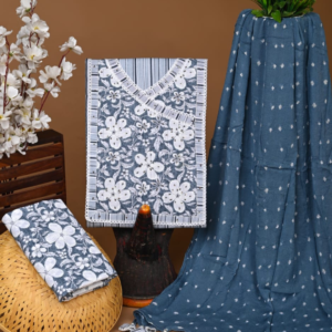 Steel Blue & White Floral Cotton Suit Set with Striped Neck Design and Crinkled Dupatta
