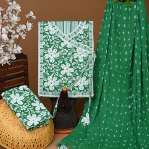 Emerald Green & White Floral Cotton Suit Set with Striped Neckline and Crinkled Dupatta