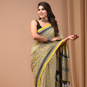 Mustard Yellow Cotton Saree with Geometric & Mandala Prints
