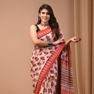 Cream Cotton Saree with Maroon Floral Block Prints
