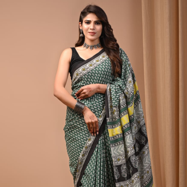 Deep Green Cotton Saree with Mustard & Monochrome