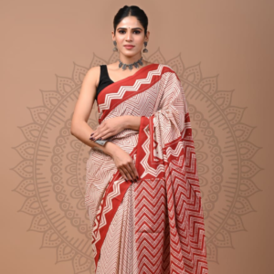 Red & Ivory Geometric Print Cotton Saree