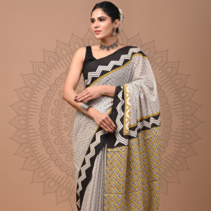 Monochrome & Mustard Chevron Cotton Saree