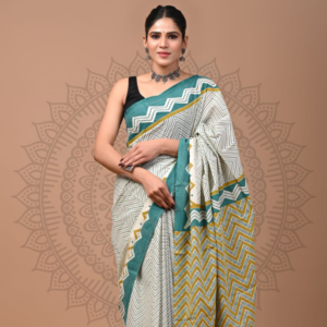 Teal & Mustard Chevron Cotton Saree