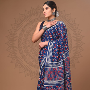 Indigo Blue Floral & Tribal Motif Cotton Saree