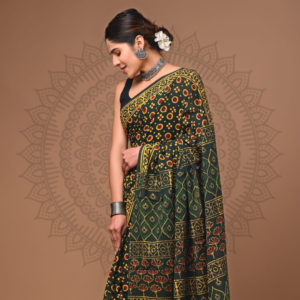 Black Multicolor Handblock Printed Cotton Saree