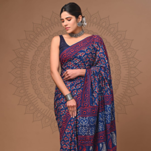 Navy Blue Floral & Leaf Motif Cotton Saree