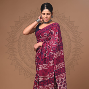 Maroon & Indigo Tribal Block Cotton Saree