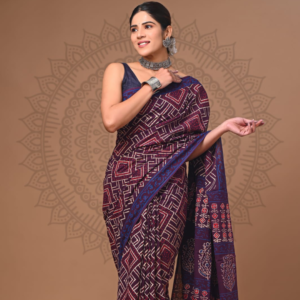Plum & Indigo Geometric Tribal Cotton Saree