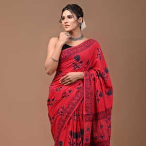 Crimson Red & Midnight Blue Floral Block Print Cotton Saree