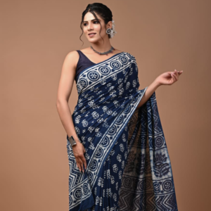 Indigo Blue & White Handcrafted Dabu Print Cotton Saree