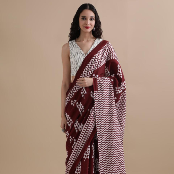 Maroon & Ivory Minimalist Hand-Block Cotton Saree