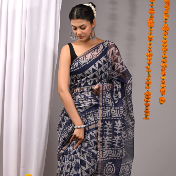 Indigo Blue Handcrafted Geometric Block Print Cotton Saree