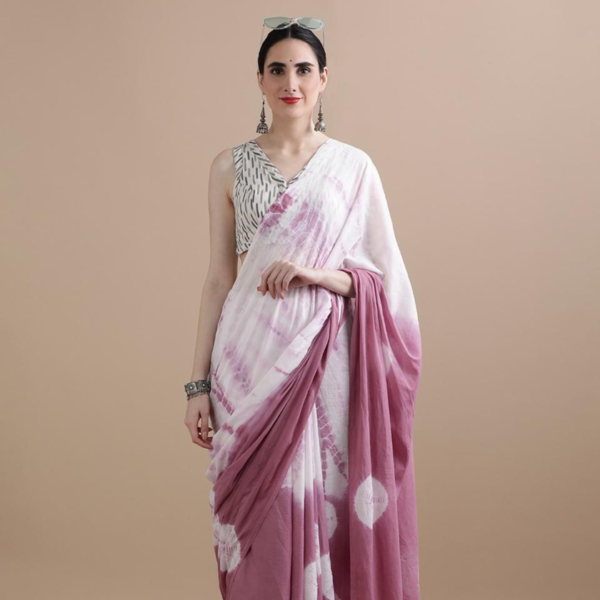 Blush Mauve & White Shibori Cotton Saree – Soft & Serene Handcrafted Beauty