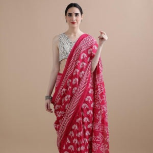 Scarlet Garden Handblock Cotton Saree – A Bold Ode to Tradition