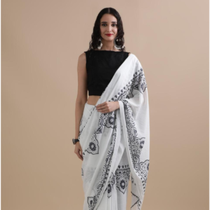 White & Black Handblock Printed Cotton Saree