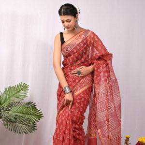 Rust Red Dabu Handblock Cotton Saree with Golden Zari Borders