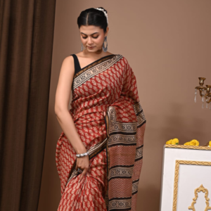 Rust Red Handblock Printed Cotton Saree with Black & Ivory Accents