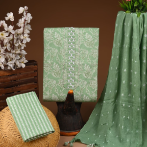 Sage Green Floral Cotton Suit Set with Textured Dupatta