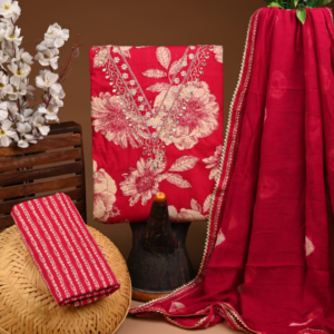 Crimson Red Floral Cotton Suit Set with Mirror Work & Gota Dupatta