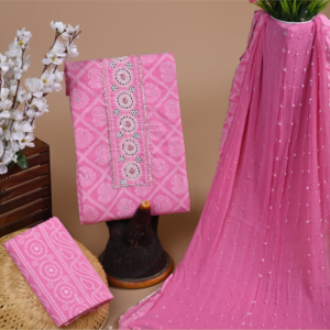 Pink Bandhani-Print Cotton Suit Set with Mirror Embroidery & Crinkled Dupatta